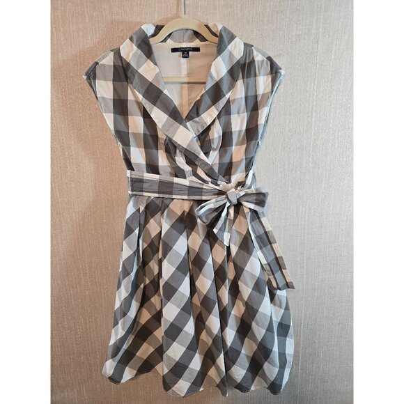 Sleeveless Gray & White Gingham Wrap Dress With Belt Chadwicks  Size 2P - Picture 1 of 11